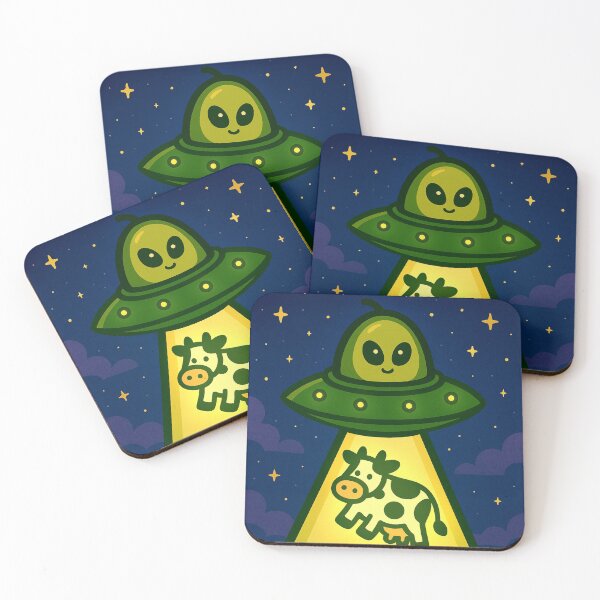 Item preview, Alien avocado in a flying saucer abducting a kawaii cow at night designed and sold by ZerpaGiovanna.