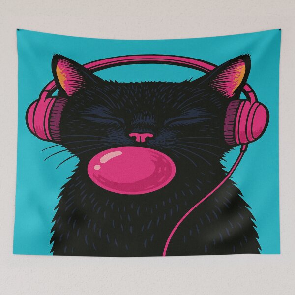 Item preview, Chilling black cat with earphones  designed and sold by Silverluuna.