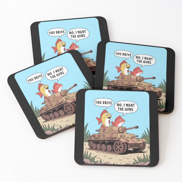 Item preview, Funny Fish Tank and Aquarium humor, two cartoon fish ride an armored Panzer military Army Tank with guns designed and sold by Catinorbit.