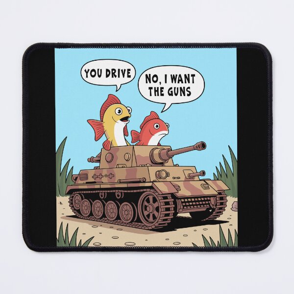 Item preview, Funny Fish Tank and Aquarium humor, two cartoon fish ride an armored Panzer military Army Tank with guns designed and sold by Catinorbit.