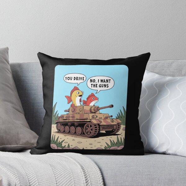 Item preview, Funny Fish Tank and Aquarium humor, two cartoon fish ride an armored Panzer military Army Tank with guns designed and sold by Catinorbit.