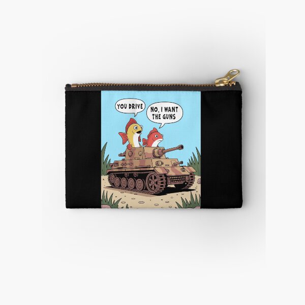 Item preview, Funny Fish Tank and Aquarium humor, two cartoon fish ride an armored Panzer military Army Tank with guns designed and sold by Catinorbit.