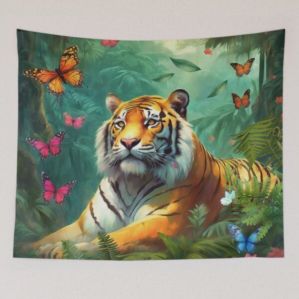 Item preview, Tiger and butterfly, plants, flowers, nature, pagoda, China. designed and sold by Sugar Wisdom .