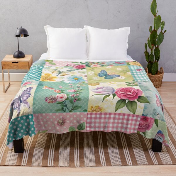 Item preview, Patchwork de primavera en tonos azules y verdes y cosas con mariposas. designed and sold by Ketique.