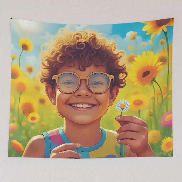 Item preview, Seeing with different eyes, visual impairment, child smiles in sunflowers designed and sold by CeciliaGomezArt.