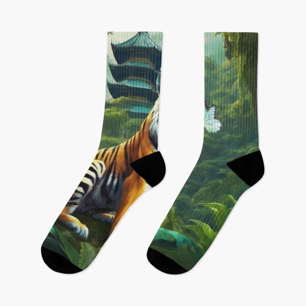 Item preview, Mystical Tiger in Tropical Jungle with Butterflies and Asian Temple designed and sold by Sugar Wisdom .