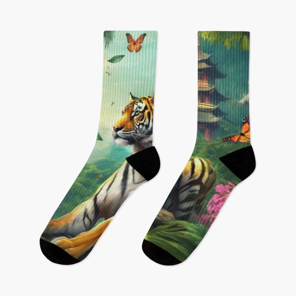 Item preview, Mystical Tiger in Tropical Jungle with Butterflies and Asian Temple designed and sold by Sugar Wisdom .