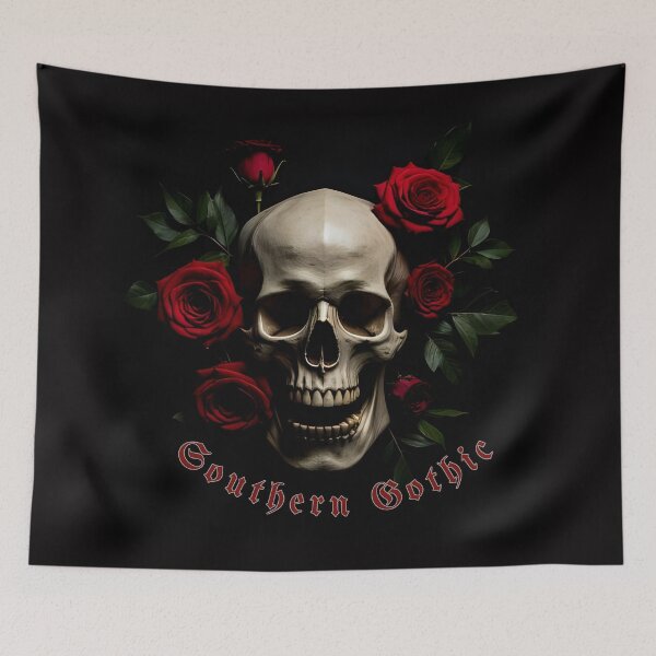 Item preview, Skull Surrounded by Vibrant Roses with Gothic Text on Dark Background designed and sold by Rue Design Company.