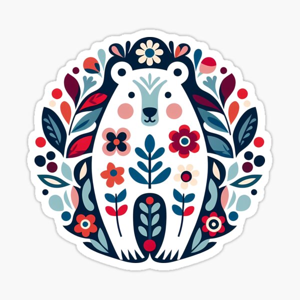 Item preview, Cute Patterned Polar Bear with Flowers - Scandinavian Folk Art by heidiannemorris © designed and sold by FOLK ART FUSION by heidiannemorris.