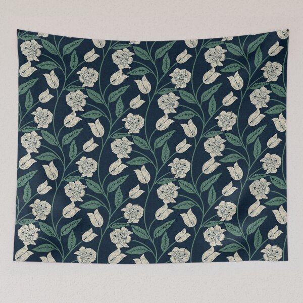 Item preview, Lily Whispers - Cottagecore Vine in Navy & Cream designed and sold by kalaauniverse_art_studio.