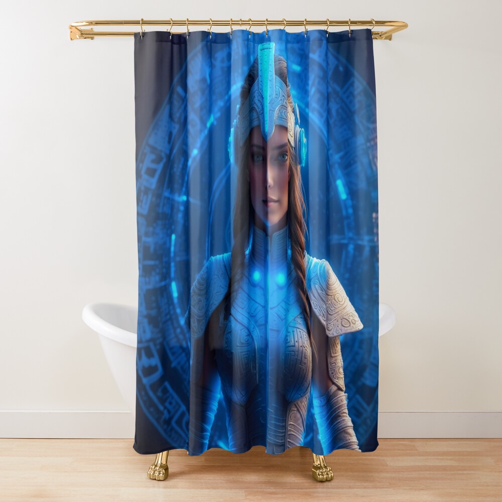 A Telios Guardian Posted At The Ancient Pelious Gateway Mesmerizing AI Concept Art by Xzendor7 Decorative Art Print Shower Curtain