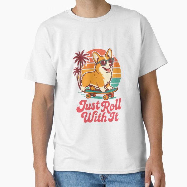 Item preview, Cool Corgi Skateboarding at Sunset – Just Roll With It Retro Dog Design designed and sold by printsandco77.