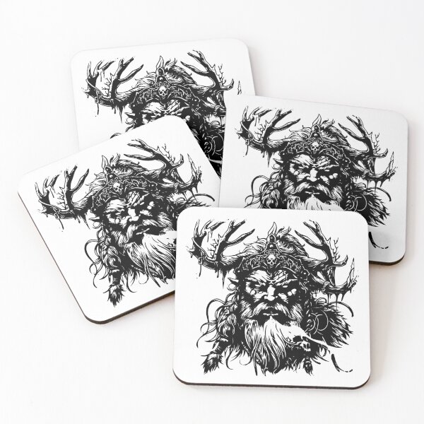 Item preview, Dark Forest King – Black and White Fantasy Warrior Illustration with Antler Crown designed and sold by inkoutninja.