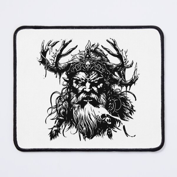 Item preview, Dark Forest King – Black and White Fantasy Warrior Illustration with Antler Crown designed and sold by inkoutninja.