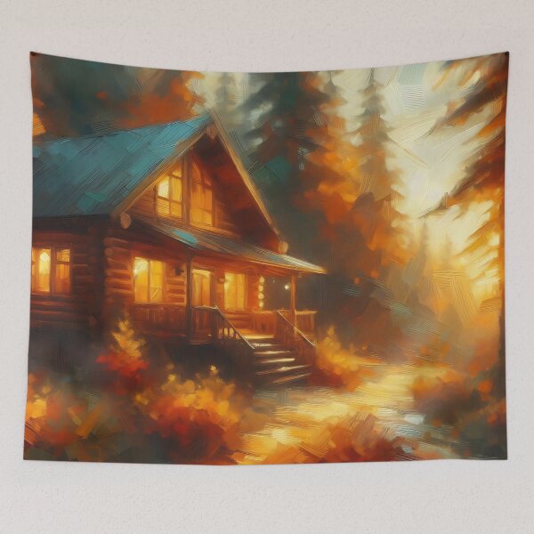 Item preview, Autumn Cabin Retreat – Impressionist Landscape Painting designed and sold by Dino-Lune.
