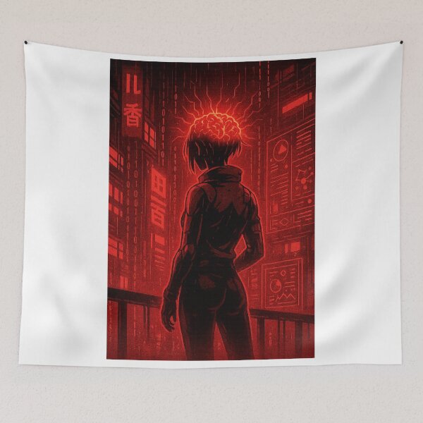Item preview, Crimson Overload – Glitching Cyberpunk Character Under Neon Data Storm – Neo Tokyo Nights designed and sold by Domci.