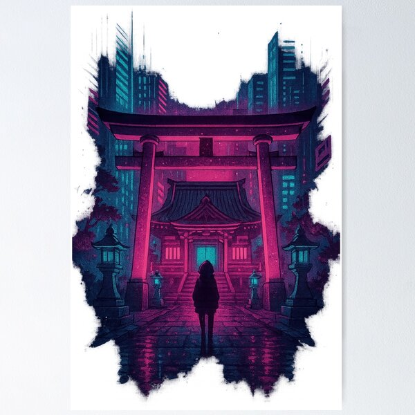 Item preview, Neon Shrine – Futuristic Japanese Temple in Cyberpunk Tokyo Nightscape – Neo Tokyo Nights designed and sold by Domci.