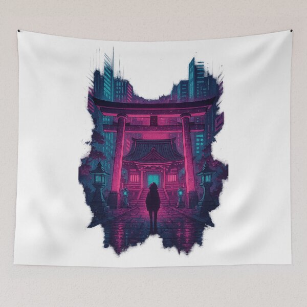 Item preview, Neon Shrine – Futuristic Japanese Temple in Cyberpunk Tokyo Nightscape – Neo Tokyo Nights designed and sold by Domci.