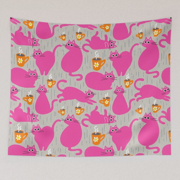 Item preview, Urban Coffee Cats – Neon pink on grey with orange accents designed and sold by colorofmagic.
