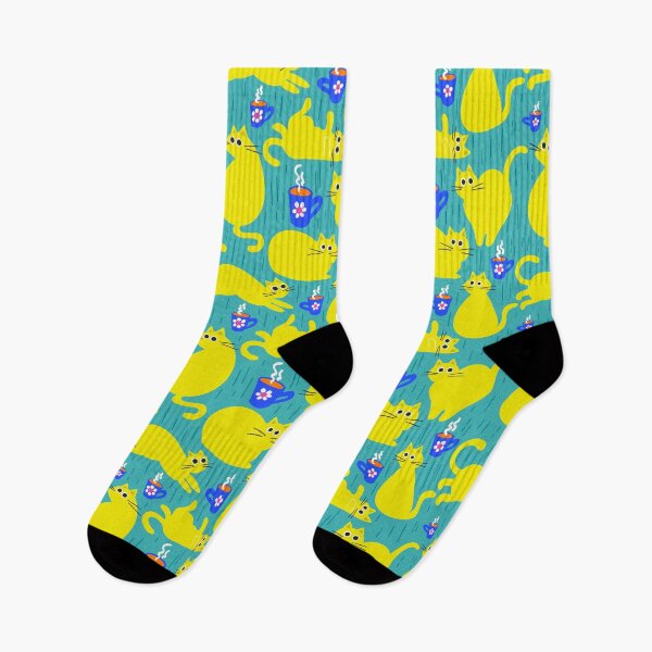 Item preview, Urban Coffee Cats – Citrus yellow on green with blue accents designed and sold by colorofmagic.