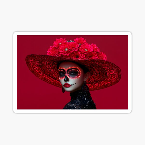 Item preview, Calavera de azúcar vibrante con sombrero floral rojo designed and sold by Artessie.