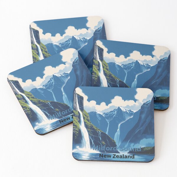 Item preview, Milford Sound, New Zealand – Retro Poster of Mountain Landscape and Waterfalls designed and sold by StormArte.