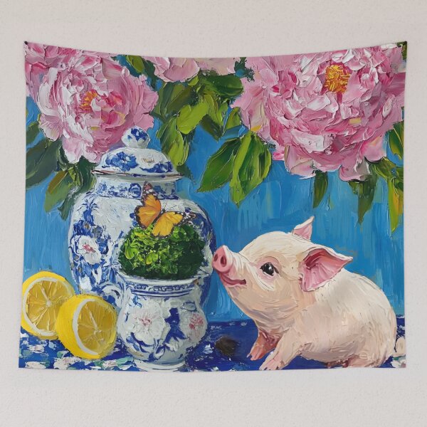 Item preview, Preppy piglet, peonies and butterfly  designed and sold by SophieClimaArt.