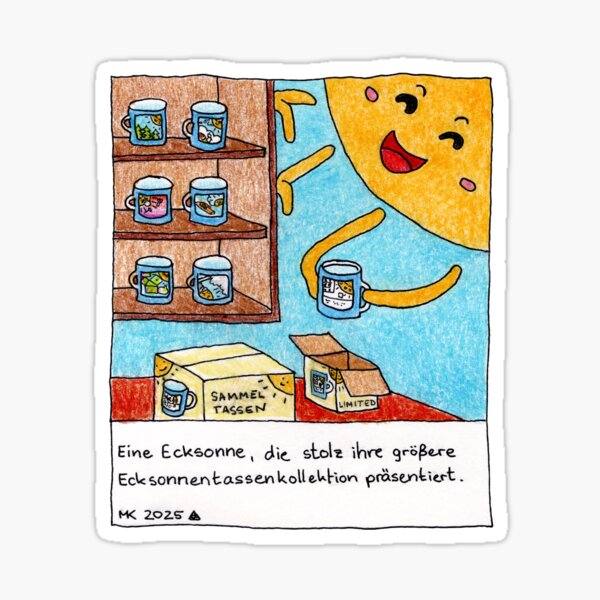 Artikel-Vorschau von Eine Ecksonne, die stolz ihre größere Ecksonnentassenkollektion präsentiert, designt und verkauft von Sanguinik.