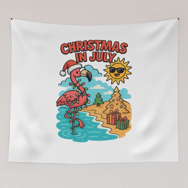 Item preview, Funny Christmas in July – Flamingo with Santa Hat Beach Design designed and sold by ThePrintFlow.