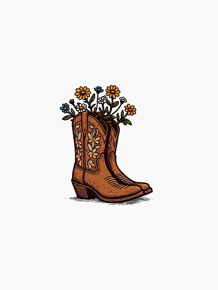 Thumbnail 3 of 3, Sticker, Earthy Brown Cowboy Cowgirl boots with flowers designed and sold by needfulthingsco.