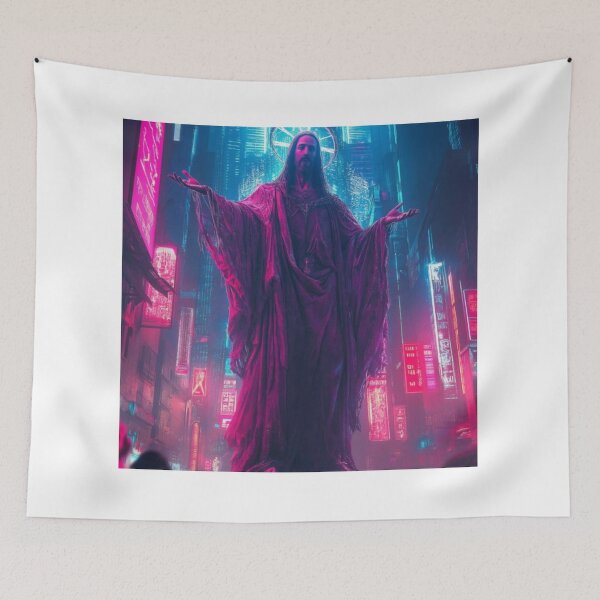 Item preview, Cyberpunk Jesus – Futuristic Neon Messiah Illustration designed and sold by Italy-Shop.