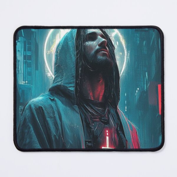 Item preview, Cyberpunk Jesus – Futuristic Neon Messiah Illustration designed and sold by Italy-Shop.