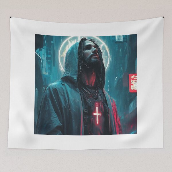 Item preview, Cyberpunk Jesus – Futuristic Neon Messiah Illustration designed and sold by Italy-Shop.