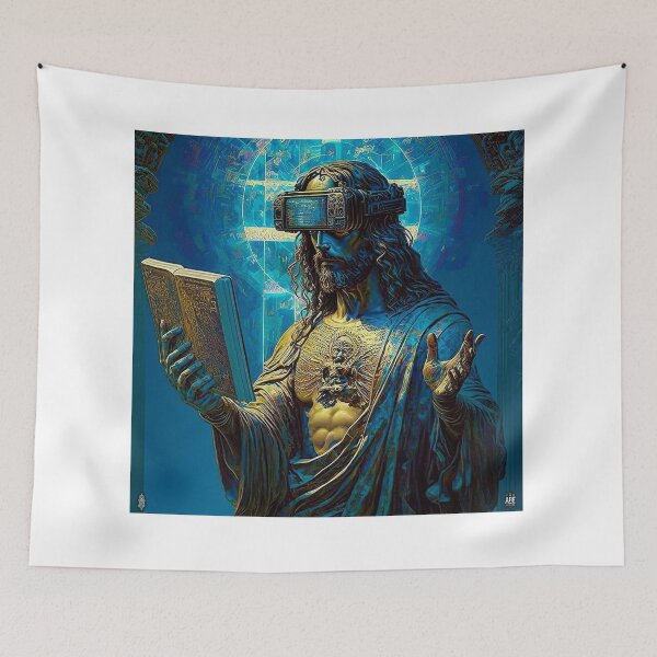 Item preview, Cyberpunk Jesus – Futuristic Neon Messiah Illustration designed and sold by Italy-Shop.