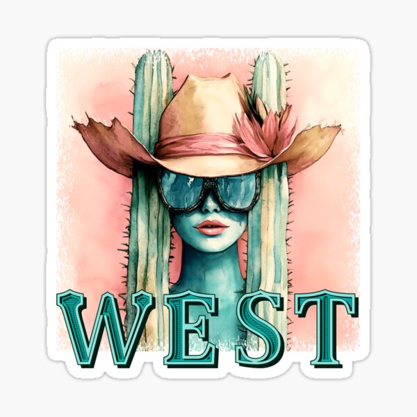 Item preview, Blue Cowgirl WEST – Retro Western Kaktus Kunstdruck designed and sold by LizaRancel.