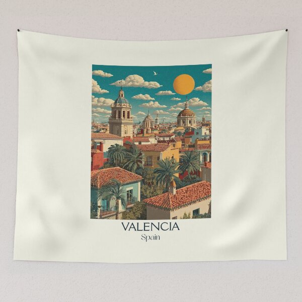 Item preview, Valencia Travel Poster – Mediterranean Orange City Vintage Print designed and sold by TuncGK.