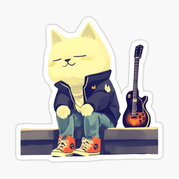 Item preview, Chill White Cat with Guitar – Autumn Vibes in the Park designed and sold by CozyCatCafe.