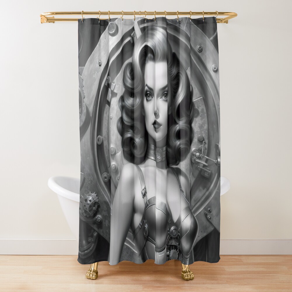 Aeliana Grace and Gears Retro Fusion Mechanical Pinup Girl Mesmerizing AI Concept Art by Xzendor7 Decorative Art Print Shower Curtain