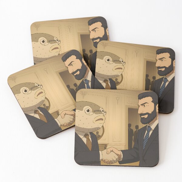 Item preview, Business Fish Shakes Hands with Human in Suit – Funny Cartoon Corporate Meeting Mashup designed and sold by BambaKchula.