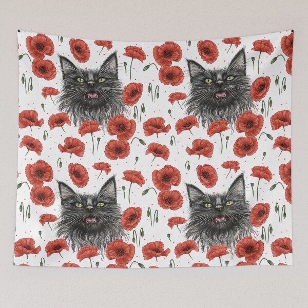Item preview, Black Cat for Good Luck with Poppies, Magic Gift for Cat Lovers, Maine Coon Cat T-Shirt, Witch Flowers, Unisex, Floral T-Shirt, Animal T-Shirt, Nature Lovers Clothing. designed and sold by ArtbySvetik.