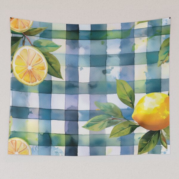 Item preview, Summer lemon vibe on blue watercolor checkered tablecloth, watercolor Summer lemon fruit designed and sold by navitalidesign.