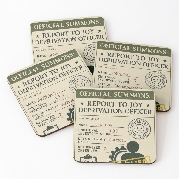 Item preview, Report to the Joy Deprivation Officer – Dystopian Summons Poster designed and sold by N0-Chill-Studio.