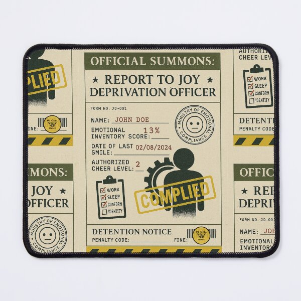 Item preview, Report to the Joy Deprivation Officer – Dystopian Summons Poster designed and sold by N0-Chill-Studio.