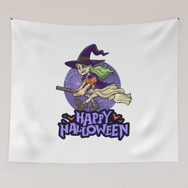 Item preview, Cute Halloween Witch Flying on Broomstick with Spiderweb  designed and sold by StairheadStore.