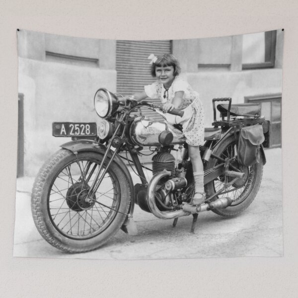 Item preview, An Austrian girl poses on a cool 1930's Puch 250 Sport motorcycle designed and sold by Fotomaxx.