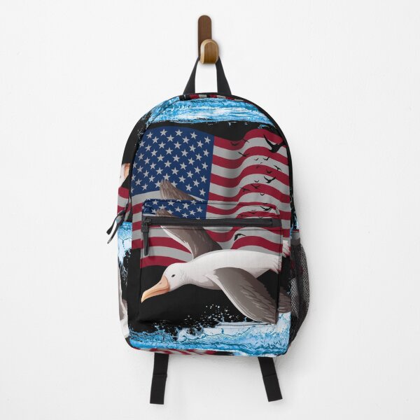 Item preview, An albatross flies over splashing water with the US flag in the background. designed and sold by DżodżoJoy.