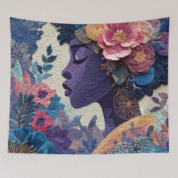 Item preview, Embroidered-look  style Afrocentric Woman with Floral Crown – Textured Fabric Art designed and sold by ArtfullyJua.