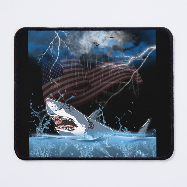 Item preview, A shark jumping out of the water during a storm with a US flag in the background. designed and sold by DżodżoJoy.