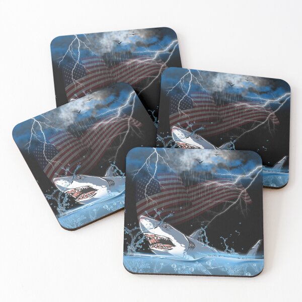 Item preview, A shark jumping out of the water during a storm with a US flag in the background. designed and sold by DżodżoJoy.