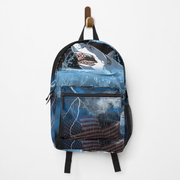 Item preview, A shark jumping out of the water during a storm with a US flag in the background. designed and sold by DżodżoJoy.